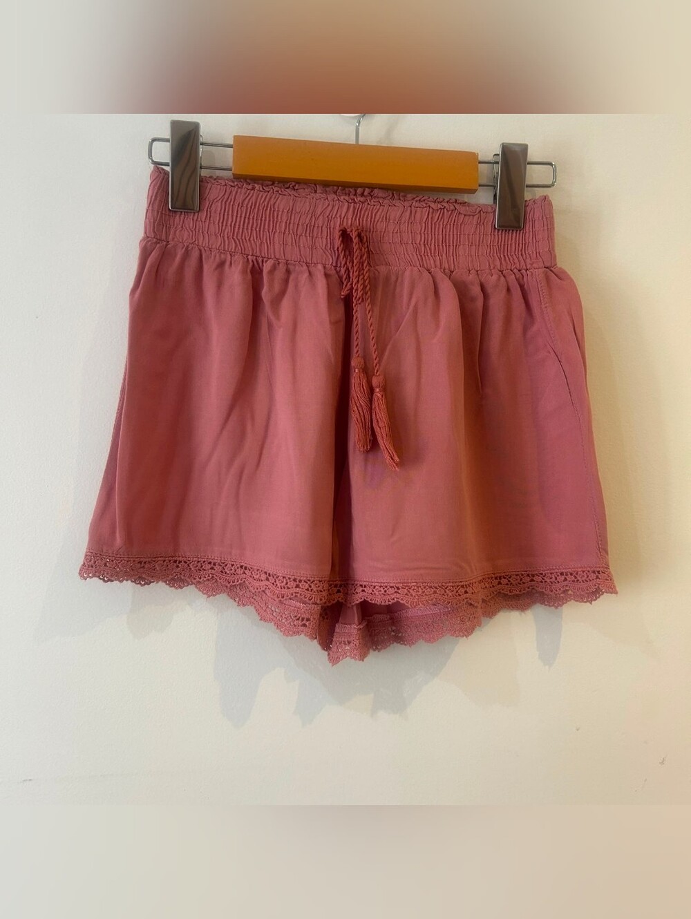✨ Coquette Fairycore Mauve Pink Crochet Lace Trim Shorts Smocked Waist Boho Fest